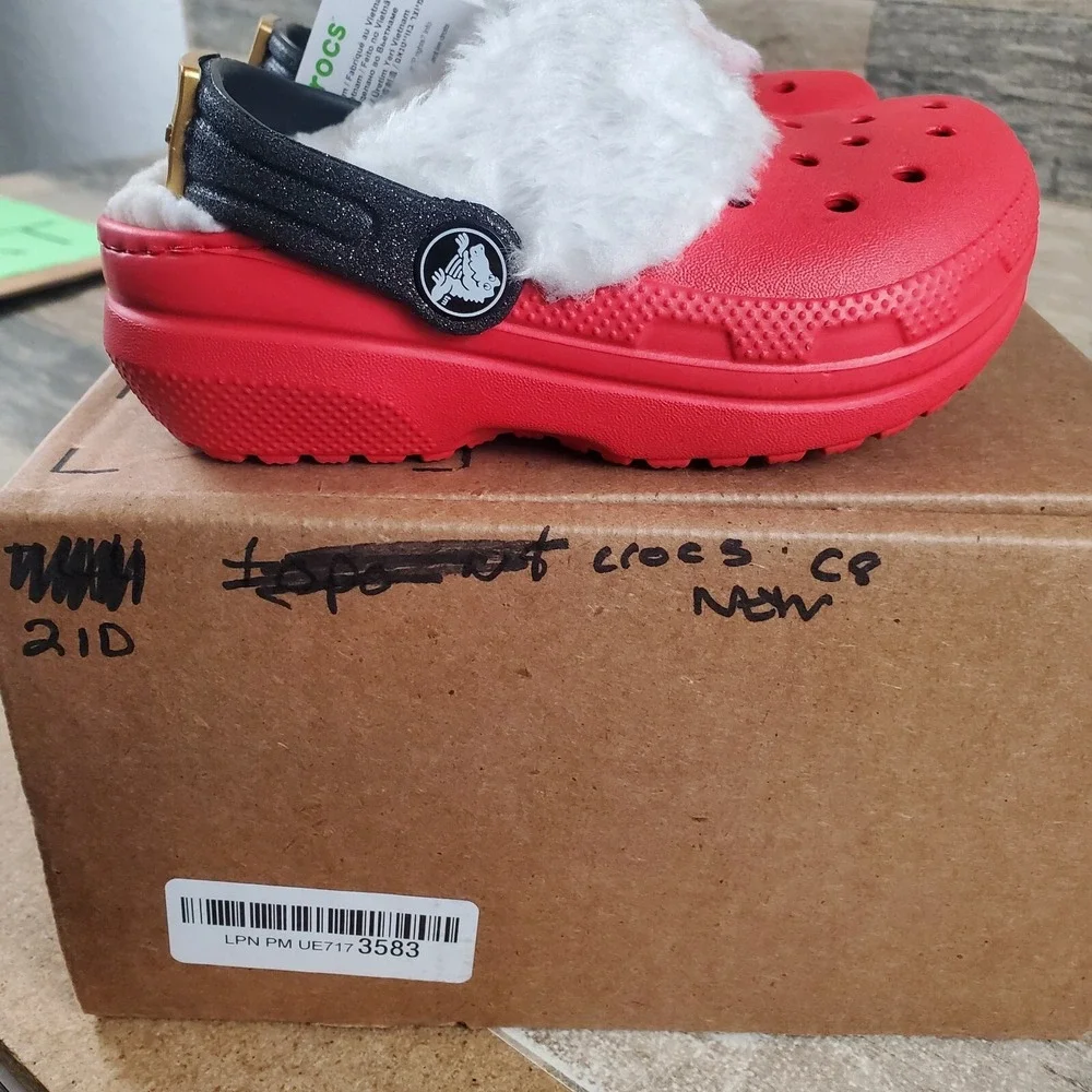 Crocs Classic Lined Santa Kids Clog Sz 8 C8 Red Round Toe Slip-On Slingback Shoe